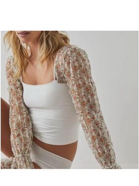 Free People White shirt with Pink/Cream Sheer Floral Sleeves, NWT, M